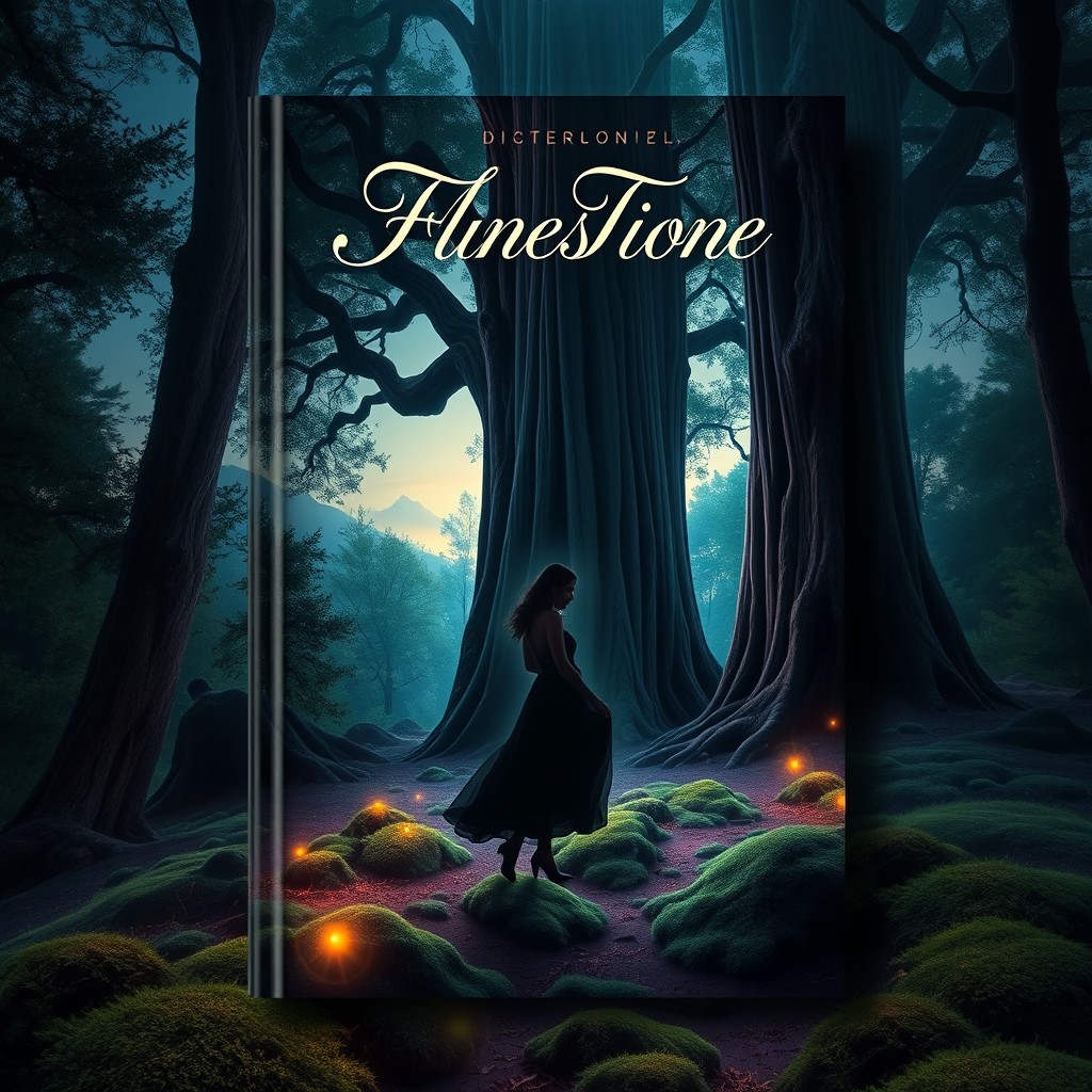 A book cover design featuring a mystical forest landscape at dusk, with ethereal lights glowing among the trees