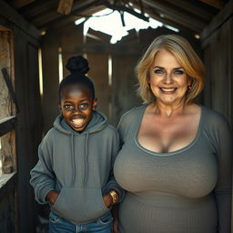 Inside an abandoned, rundown shack, a 19-year-old malnourished African woman with deeply black skin is portrayed with her hands in her pockets, her eyes wide open and intensely staring