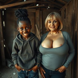 Inside an abandoned, rundown shack, a 19-year-old malnourished African woman with deeply black skin is portrayed with her hands in her pockets, her wide eyes intensely focused