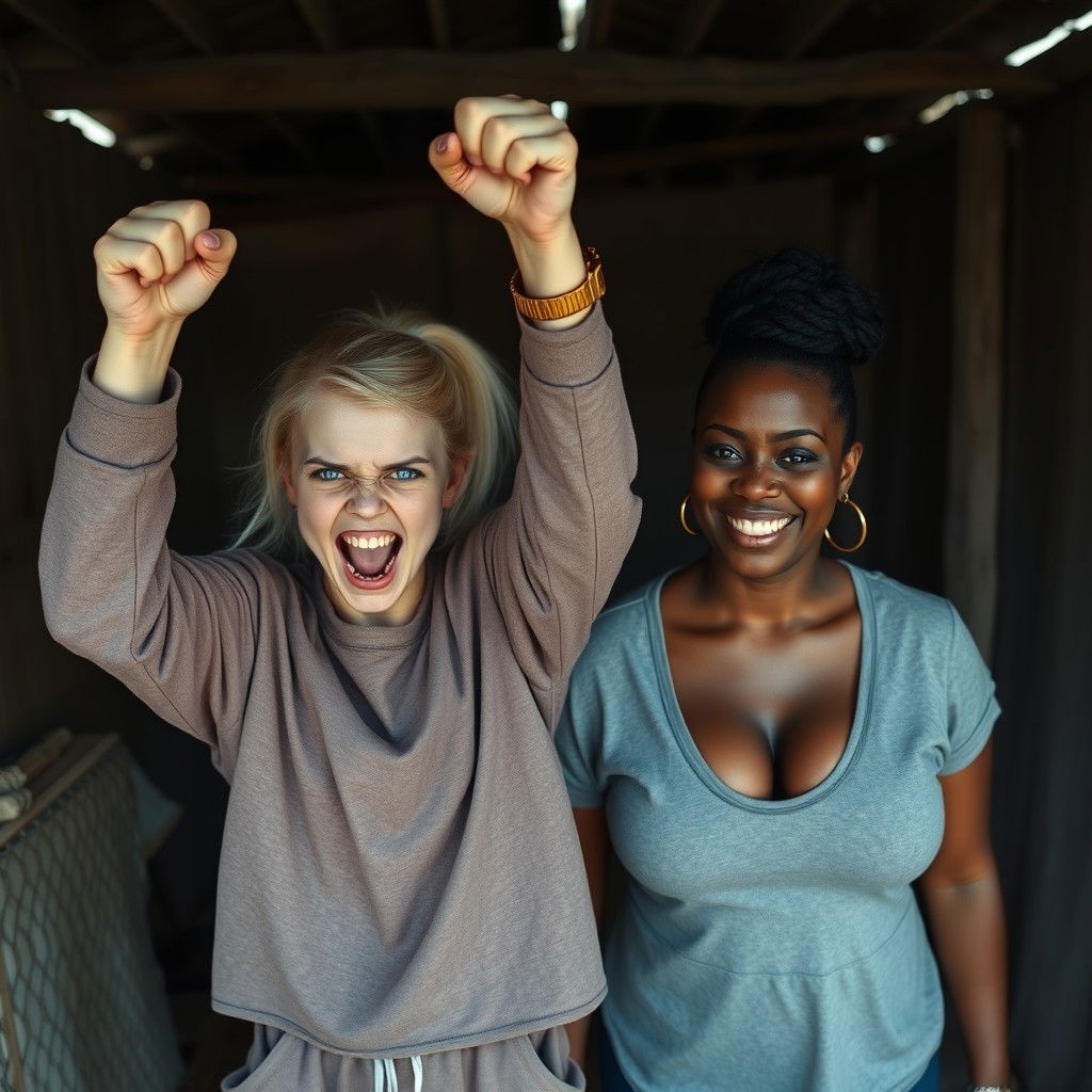 In an abandoned poor shack, a 19-year-old malnourished and evil-looking blonde woman with blue eyes is celebrating with her fists raised, her eyes wide and a manic expression as she screams joyfully
