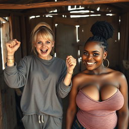 In an abandoned poor shack, a 19-year-old malnourished and evil-looking blonde woman with blue eyes is celebrating with her fists raised, her eyes wide and a manic expression as she screams joyfully