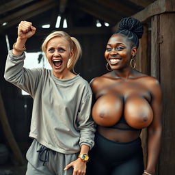 In an abandoned poor shack, a 19-year-old malnourished and evil-looking blonde woman with blue eyes is celebrating with her fists raised, her eyes wide and a manic expression as she screams joyfully