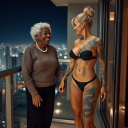 On the balcony of a high-rise suite at night, a heartwarming scene captures two women
