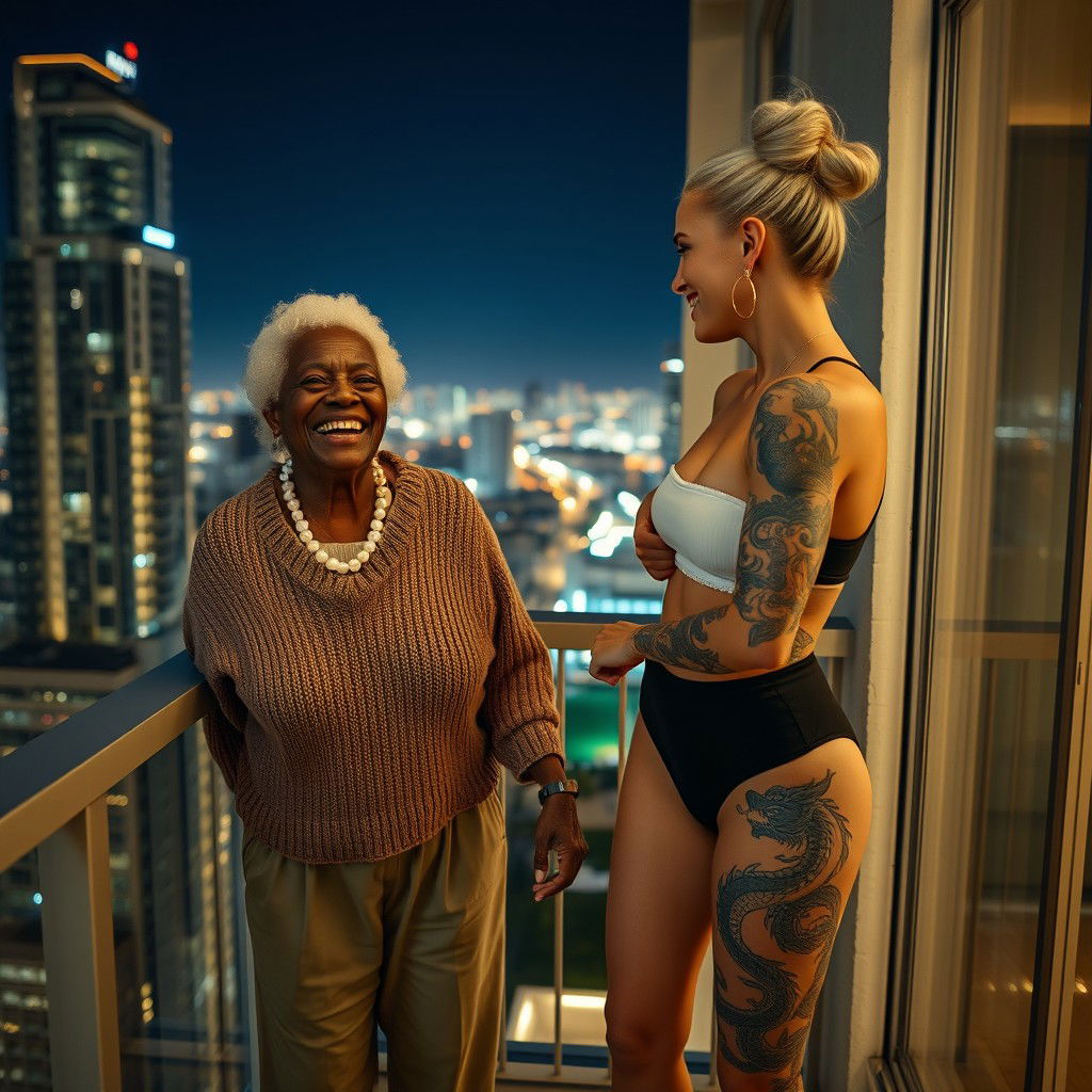 On the balcony of a high-rise suite at night, a heartwarming scene captures two women