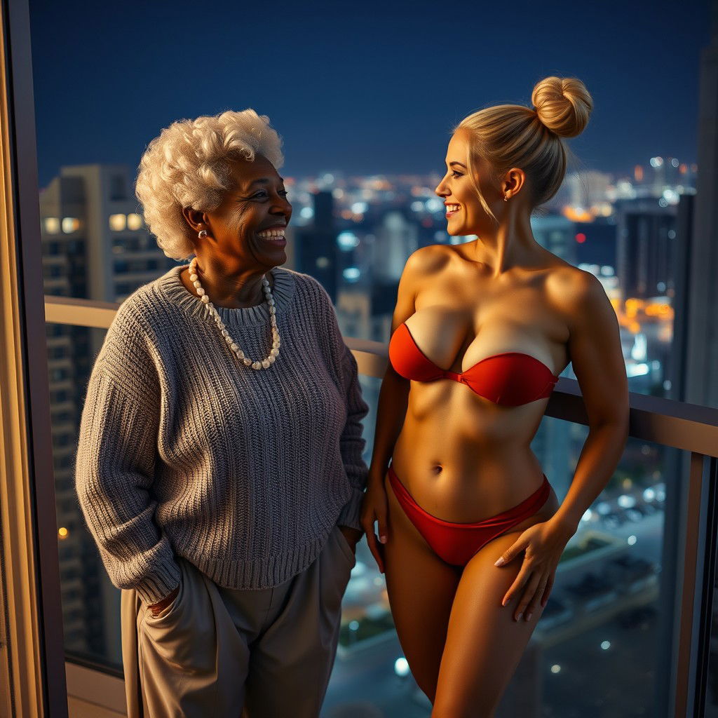 On the balcony of a high-rise suite at night, a touching scene presents two women in a joyful moment