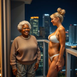 On the balcony of a high-rise suite at night, a touching scene presents two women in a joyful moment