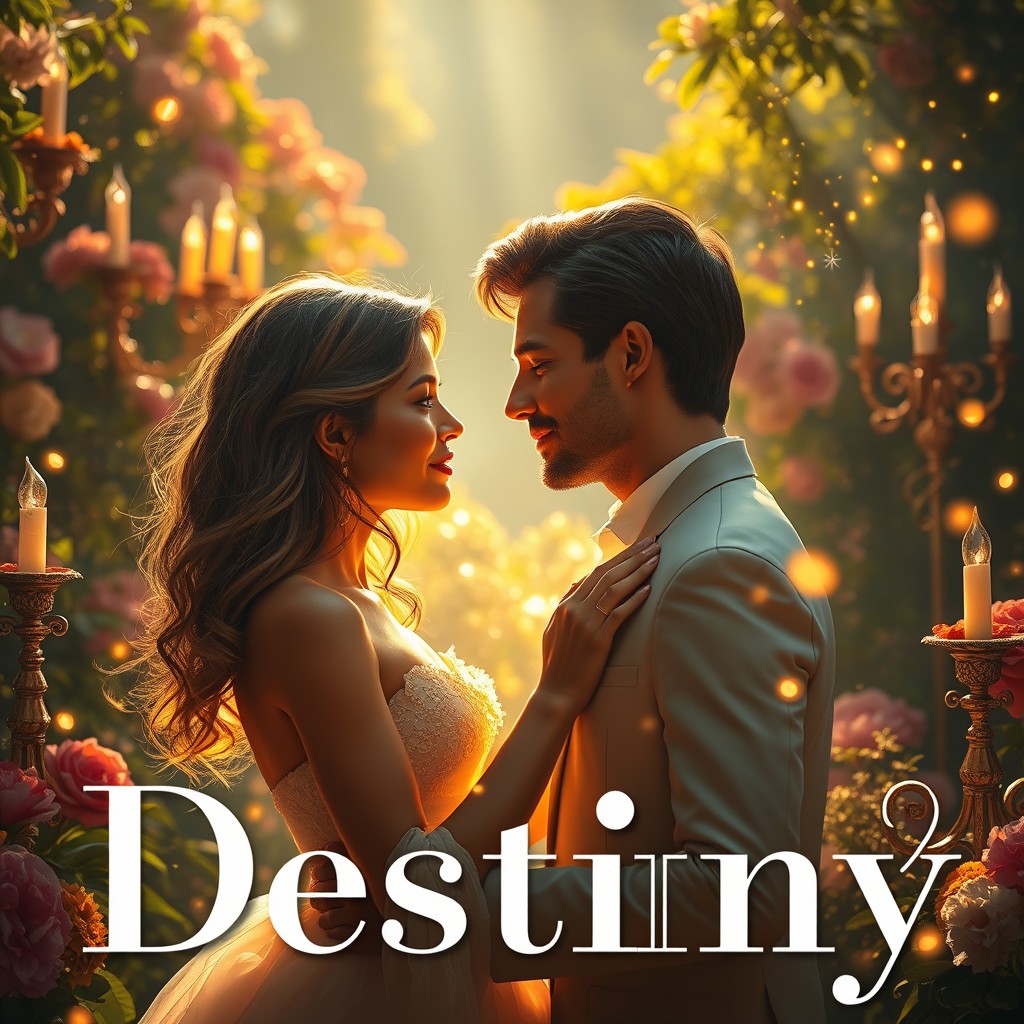 A luxurious and colorful garden bathed in soft golden sunlight, featuring a romantic couple at the center, their intense gazes locked and subtle touches creating emotional tension
