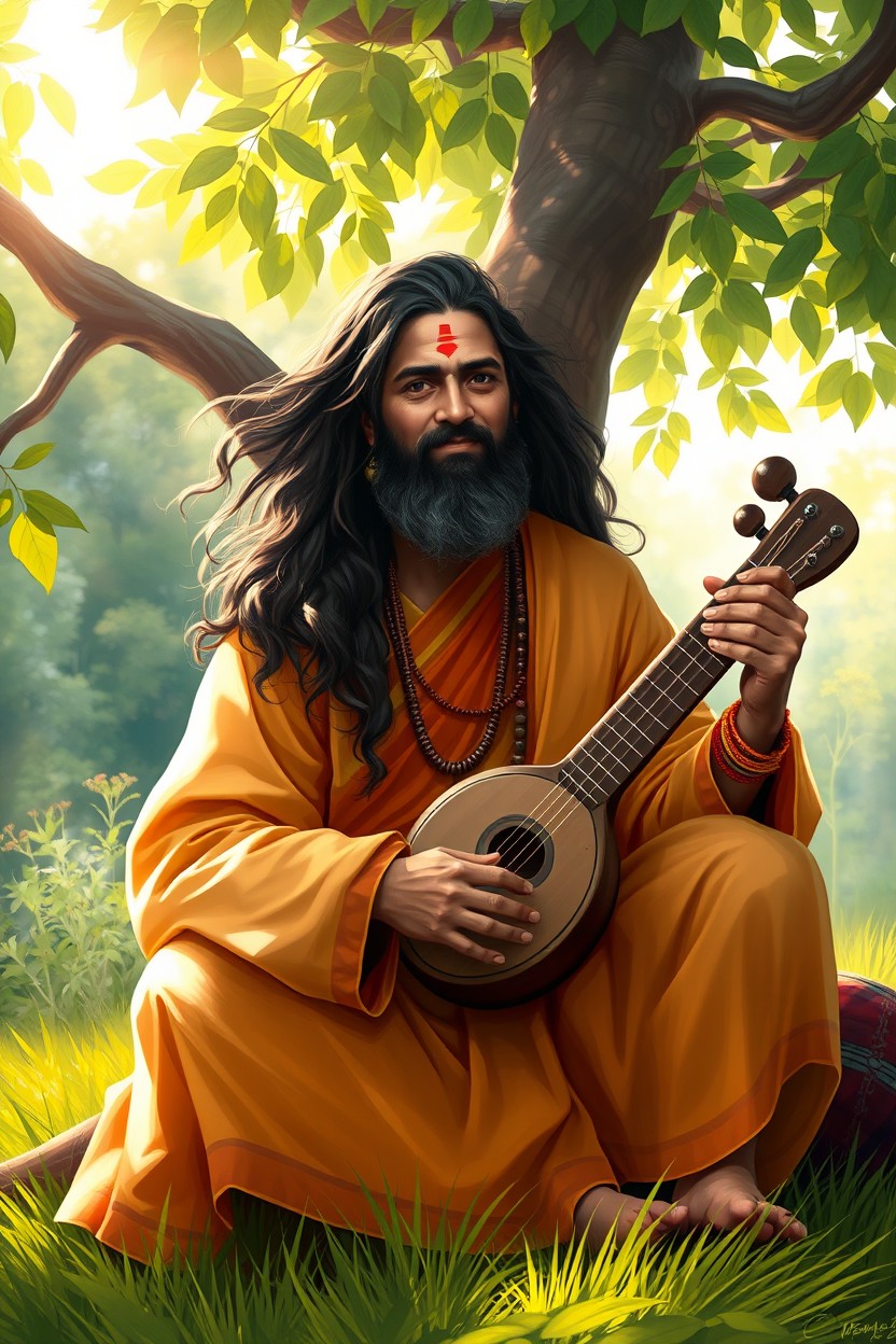 A beautiful digital painting of a Bengali Baul Fakira, dressed in traditional colorful attire, sitting under a tree surrounded by nature