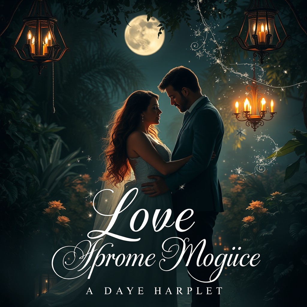 A romantic couple standing in a moonlit garden, surrounded by mystical elements