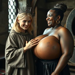 In a medieval English brothel room, a very short and malnourished 20-year-old blonde woman with blue eyes is dressed in a long, fully closed monk's robe