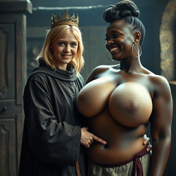 In a medieval English brothel room, a very short and malnourished 20-year-old blonde woman with blue eyes is dressed in a long, fully closed monk's robe