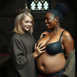 In a medieval English brothel room, a very short and malnourished 19-year-old blonde woman with blue eyes is dressed in a long, fully closed monk's robe