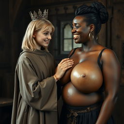 In a medieval English brothel room, a very short and malnourished 19-year-old blonde woman with blue eyes is dressed in a long, fully closed monk's robe