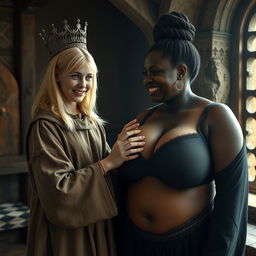 In a medieval English brothel room, a very short and malnourished 19-year-old blonde woman with blue eyes is dressed in a long, fully closed monk's robe