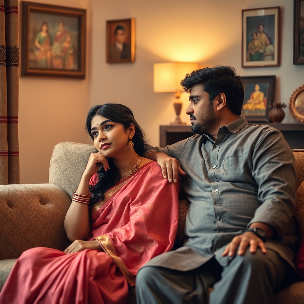An intimate scene of an Indian couple in their cozy living room, reflecting the emotional complexities of their relationship