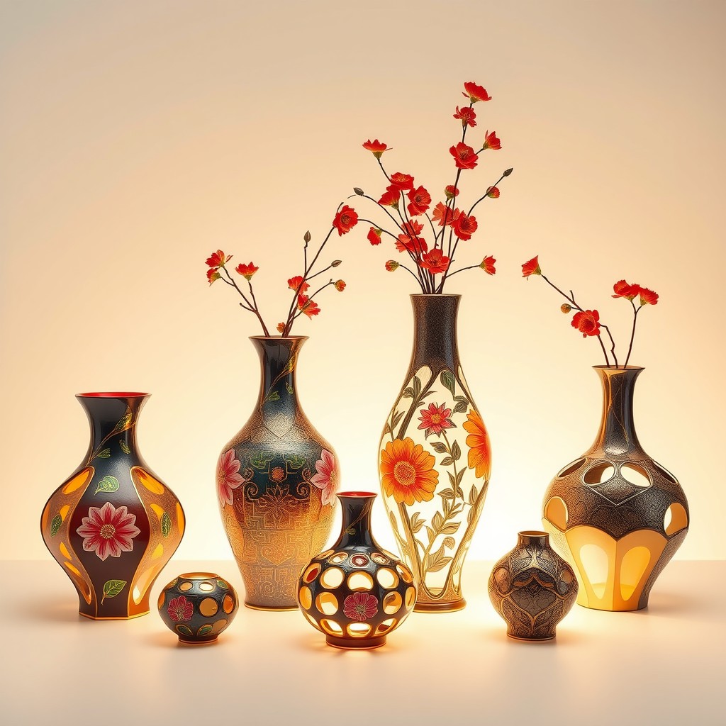 A captivating modern design featuring a collection of intricate vasekine-style vases, each showcasing unique geometric shapes and vibrant colors