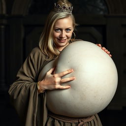 In a medieval English brothel room, a very short and malnourished 19-year-old blonde woman with blue eyes is dressed in a long, fully closed monk's robe
