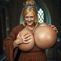 In a medieval English brothel room, a very short and malnourished 19-year-old blonde woman with blue eyes is dressed in a long, fully closed monk's robe