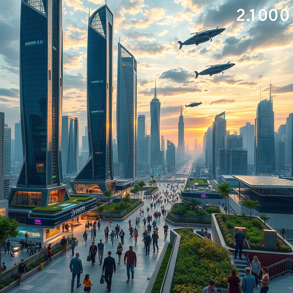 A futuristic cityscape in the year 2100, showcasing advanced architecture with sleek, towering skyscrapers made of glass and metal, flying vehicles zipping through the sky, and green spaces integrated into the urban environment