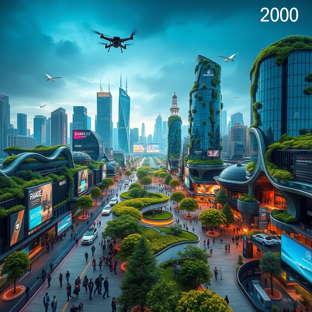 A futuristic cityscape in the year 2100, featuring advanced architecture with sleek skyscrapers made of glass and steel, covered in green vegetation