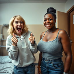 In a mental asylum room, the scene captures a 22-year-old eccentric malnourished woman with medium-length blonde hair and bright blue eyes, energetically shouting with a wild grin while holding a baby bottle
