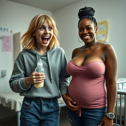 In a mental asylum room, the scene captures a 22-year-old eccentric malnourished woman with medium-length blonde hair and bright blue eyes, energetically shouting with a wild grin while holding a baby bottle