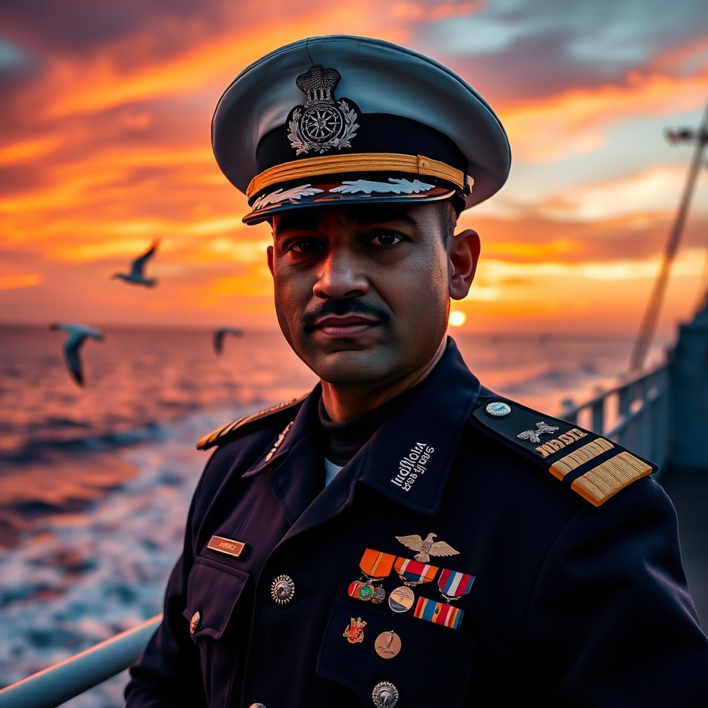 A close-up artistic shot of an Indian naval officer in uniform, standing on the deck of a ship against a vibrant sunset backdrop