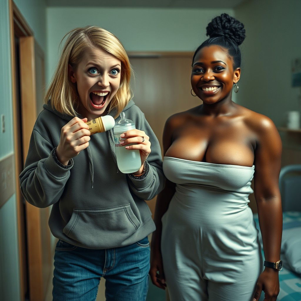 In a mental asylum room, the scene captures a 22-year-old eccentric malnourished woman with medium-length blonde hair and bright blue eyes, energetically shouting with a wild grin while holding a baby bottle