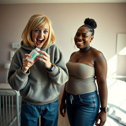 In a mental asylum room, the scene captures a 22-year-old eccentric malnourished woman with medium-length blonde hair and bright blue eyes, energetically shouting with a wild grin while holding a baby bottle