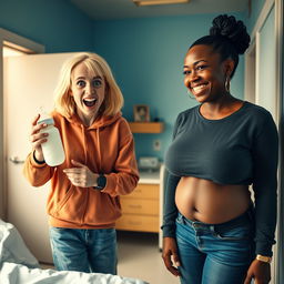 In a mental asylum room, the scene captures a 22-year-old eccentric malnourished woman with medium-length blonde hair and bright blue eyes, energetically shouting with a wild grin while holding a baby bottle