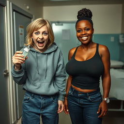 In a mental asylum room, there is a 22-year-old eccentric malnourished woman with medium-length blonde hair and bright blue eyes, energetically shouting with a wild grin while holding a baby bottle
