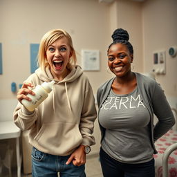 In a mental asylum room, there is a 22-year-old eccentric malnourished woman with medium-length blonde hair and bright blue eyes, energetically shouting with a wild grin while holding a baby bottle