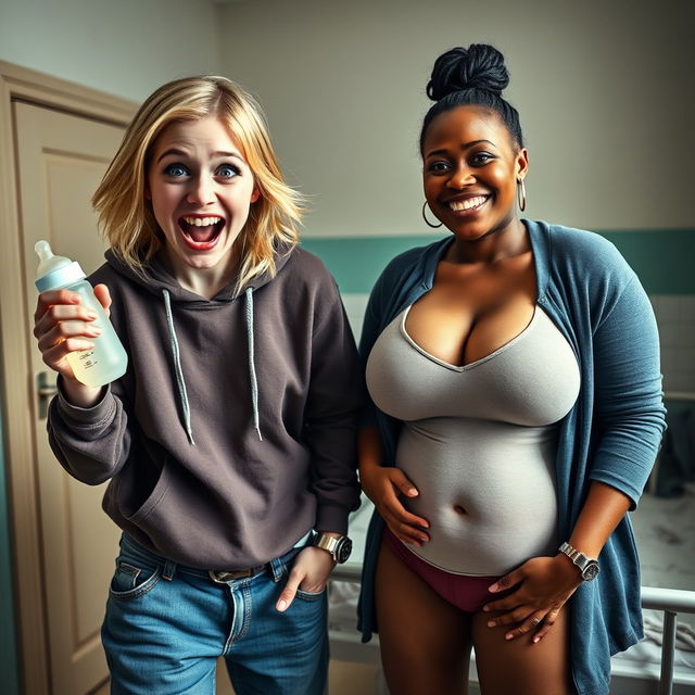 In a mental asylum room, there is a 22-year-old eccentric malnourished woman with medium-length blonde hair and bright blue eyes, energetically shouting with a wild grin while holding a baby bottle
