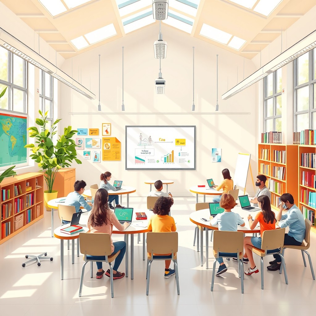 A conceptual illustration of an ideal learning environment, featuring a bright, spacious classroom filled with natural light
