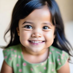 A close up portrait of a toddler girl with shiny black hair, bright eyes, and olive skin, wearing an innocent, cheerful smile. She is photographed in natural light.