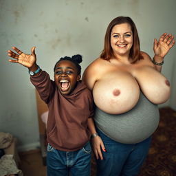 In a poor bedroom, a frantic 19-year-old malnourished black African woman is joyfully praising, holding her arms wide