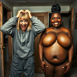 In a modest, impoverished home, a frenzied young woman with mid-length blonde hair parted in the middle, around 22 years old, is holding her head tightly with both hands, appearing distressed and chaotic