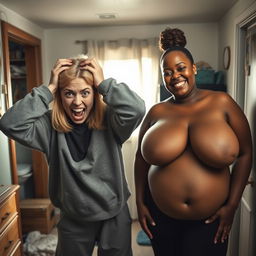 In a modest, impoverished home, a frenzied young woman with mid-length blonde hair parted in the middle, around 22 years old, is holding her head tightly with both hands, appearing distressed and chaotic