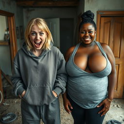 In a rundown, impoverished house, a frenzied young woman with mid-length blonde hair parted in the middle, around 22 years old, stands with her hands in her oversized hoodie pockets