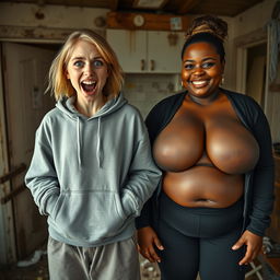 In a rundown, impoverished house, a frenzied young woman with mid-length blonde hair parted in the middle, around 22 years old, stands with her hands in her oversized hoodie pockets