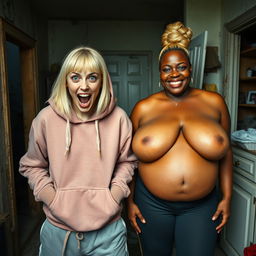 In a rundown, impoverished house, a frenzied young woman with mid-length blonde hair parted in the middle, around 22 years old, stands with her hands in her oversized hoodie pockets