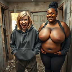 In a rundown, impoverished house, a frantic young woman with mid-length blonde hair, about 22 years old, stands with her hands in her oversized hoodie pockets