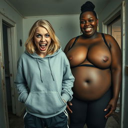 In a rundown, impoverished house, a frantic young woman with mid-length blonde hair, about 22 years old, stands with her hands in her oversized hoodie pockets