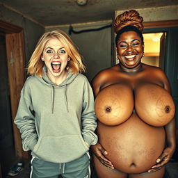 In a rundown, impoverished house, a frantic young woman with mid-length blonde hair, about 22 years old, stands with her hands in her oversized hoodie pockets