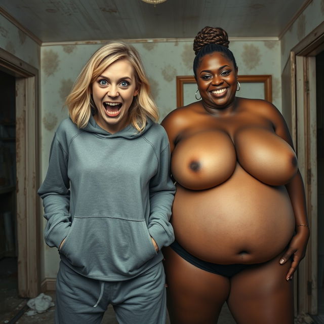 In a rundown, impoverished house, a frantic young woman with mid-length blonde hair, about 22 years old, stands with her hands in her oversized hoodie pockets