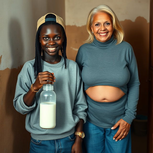 In a poor house, a 19-year-old African woman exudes a sinister vibe while holding a baby bottle filled with milk