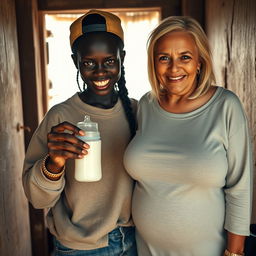 Inside a poor house, a 19-year-old African woman with very dark black skin exhibits a sinister aura while holding a baby bottle filled with milk