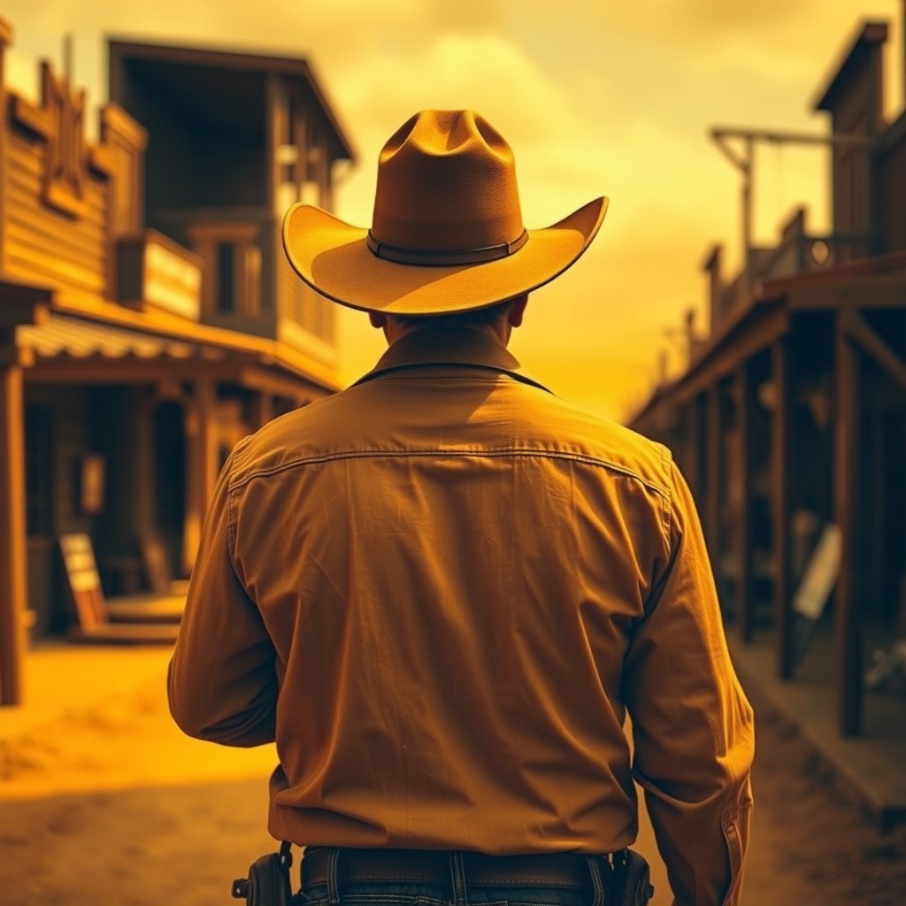 A close-up view of a sheriff walking down a street in a Wild West town, seen from behind