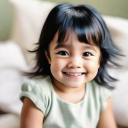 A close up portrait of a toddler girl with shiny black hair, bright eyes, and olive skin, wearing an innocent, cheerful smile. She is photographed in natural light.