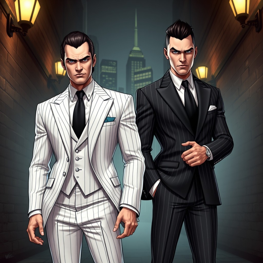Two DC villains, known as Yin and Yang, depicted as mobster brothers in stylish pinstripe suits